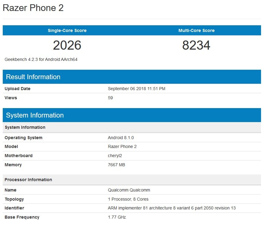 Razer Phone 2 Geekbench listing -1