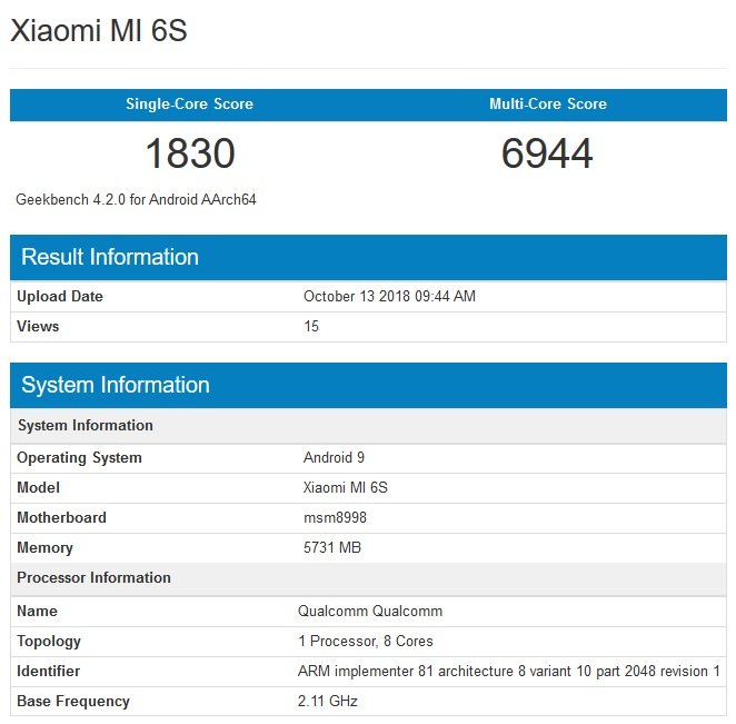 Xiaomi Mi 6S Geekbench listing 1