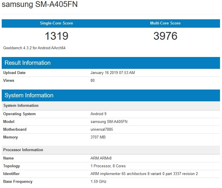 Samsung SM-A405FN GeekBench -1