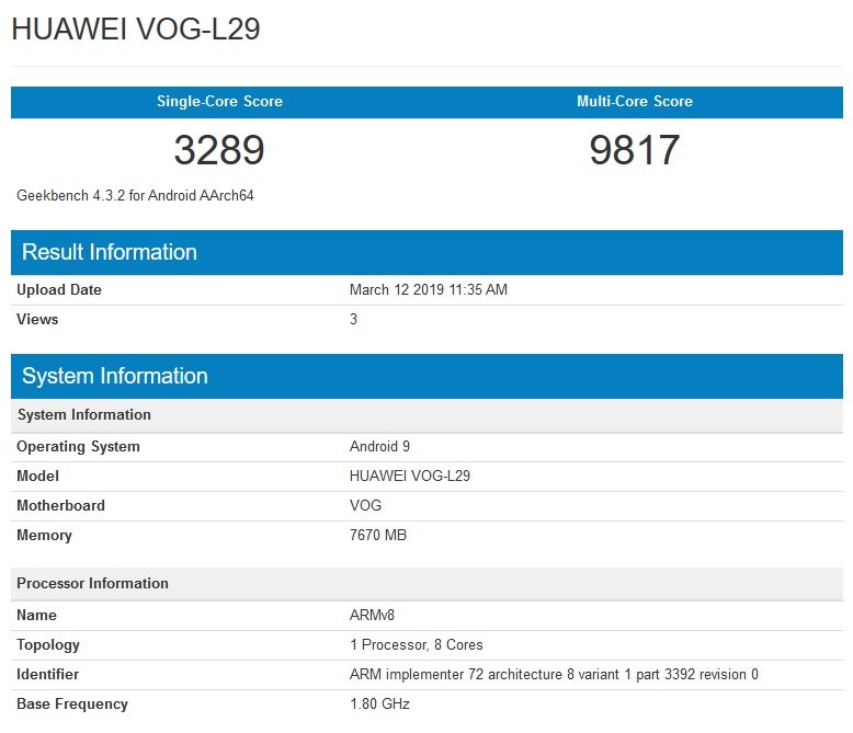 Huawei P30 Pro VOG L29 Geekbench listing 1