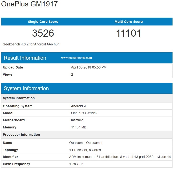 Oneplus 7 Pro GM1917 geekbench listing 1